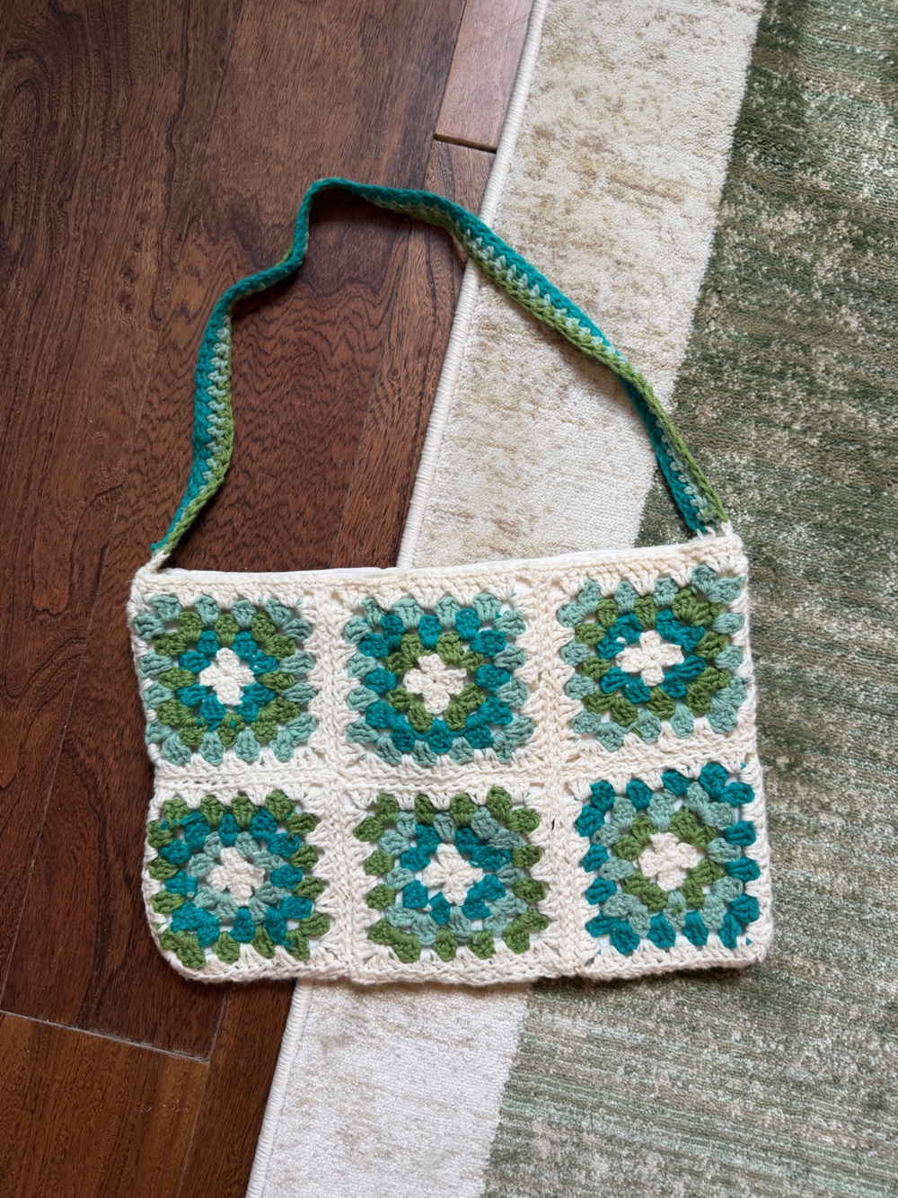 Handmade Crocheted Granny Square Crossbody Bag in Cream, Teal & Green